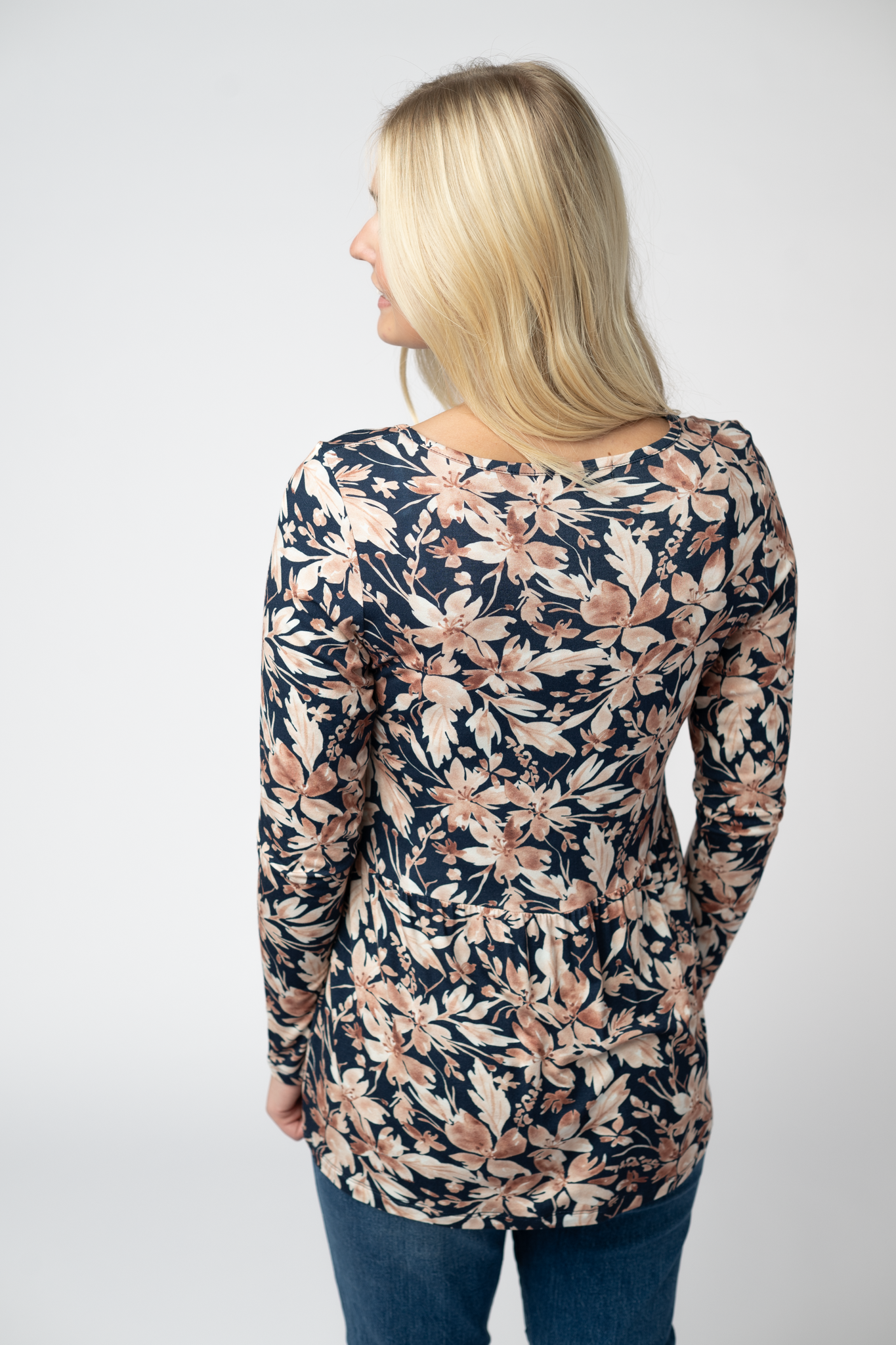 IN STOCK Long Sleeve Sarah Ruffle Top - Navy Autumn Petals