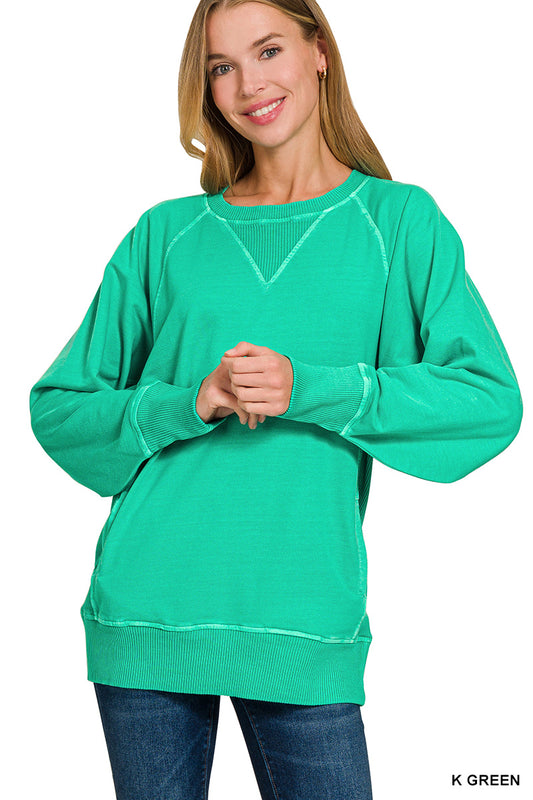Zenana Kelly Green French Terry Pullover with Pockets