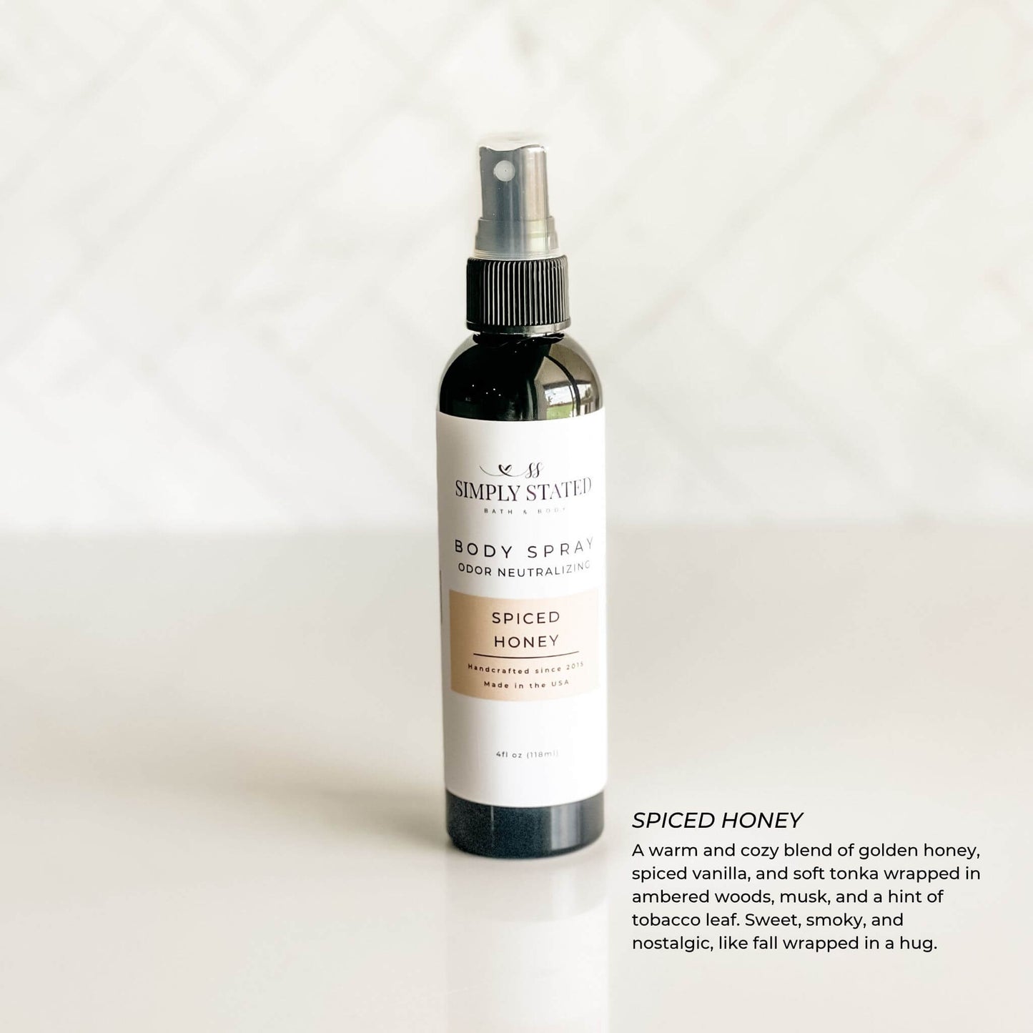 Spiced Honey Body Spray with warm vanilla, amber, and tobacco leaf scent notes
