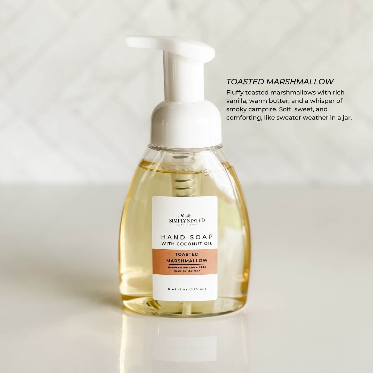 Toasted Marshmallow Hand Soap with warm vanilla, buttery scent and clean label design