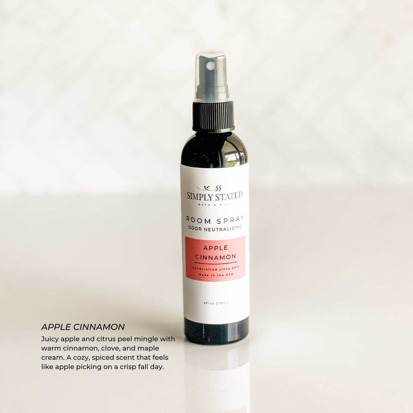 Apple Cinnamon Room Spray with warm fall scent description and white background