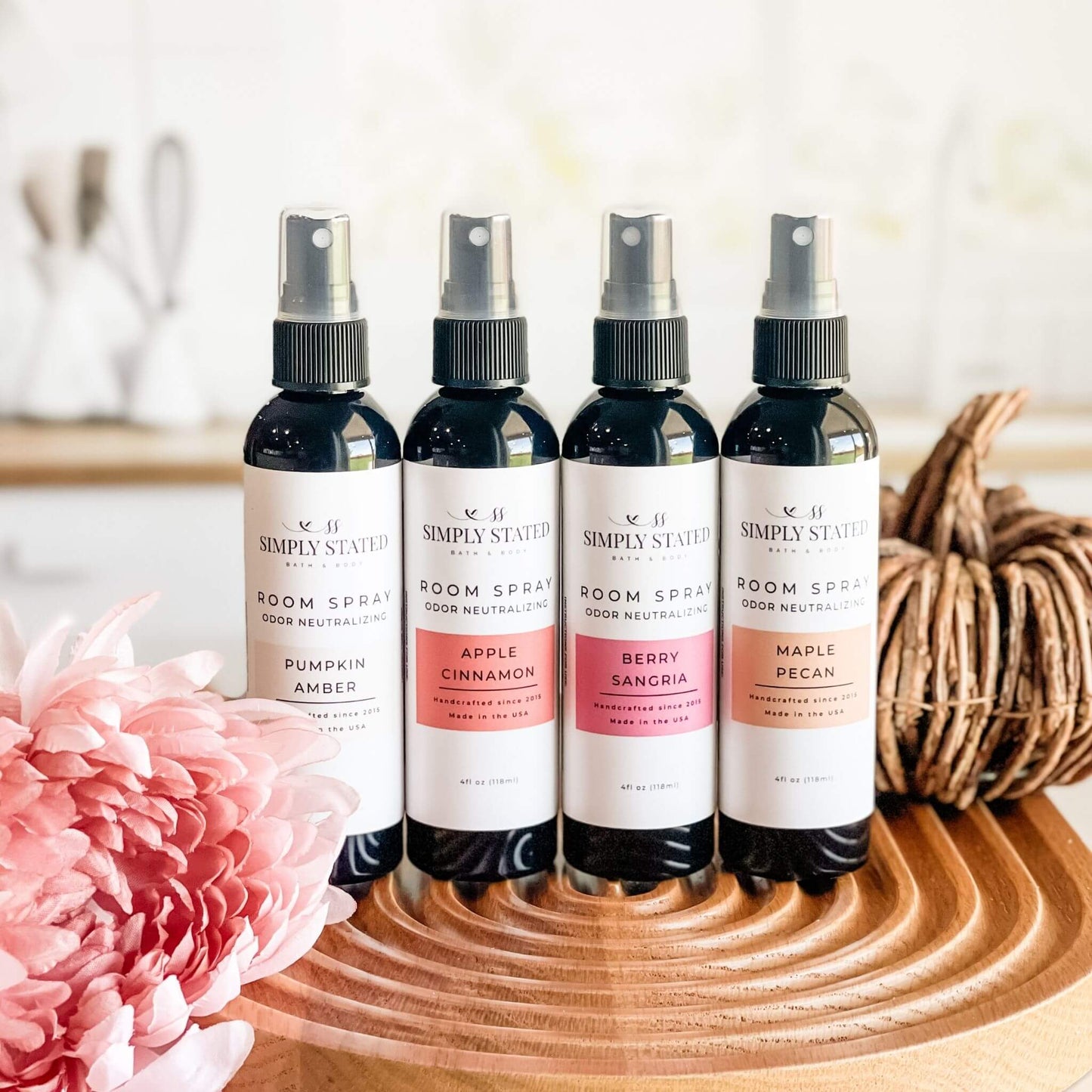 Simply Stated Fall Room Spray Collection featuring all four scents with cozy home styling