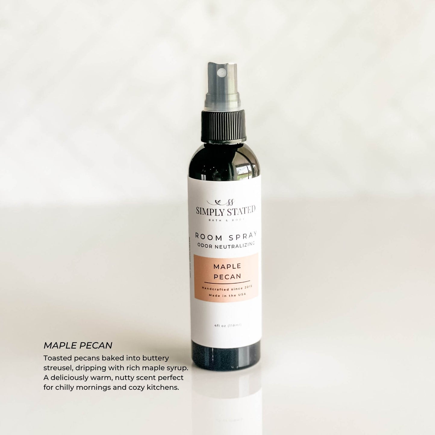 Maple Pecan Room Spray with nutty, buttery scent and soft neutral tones