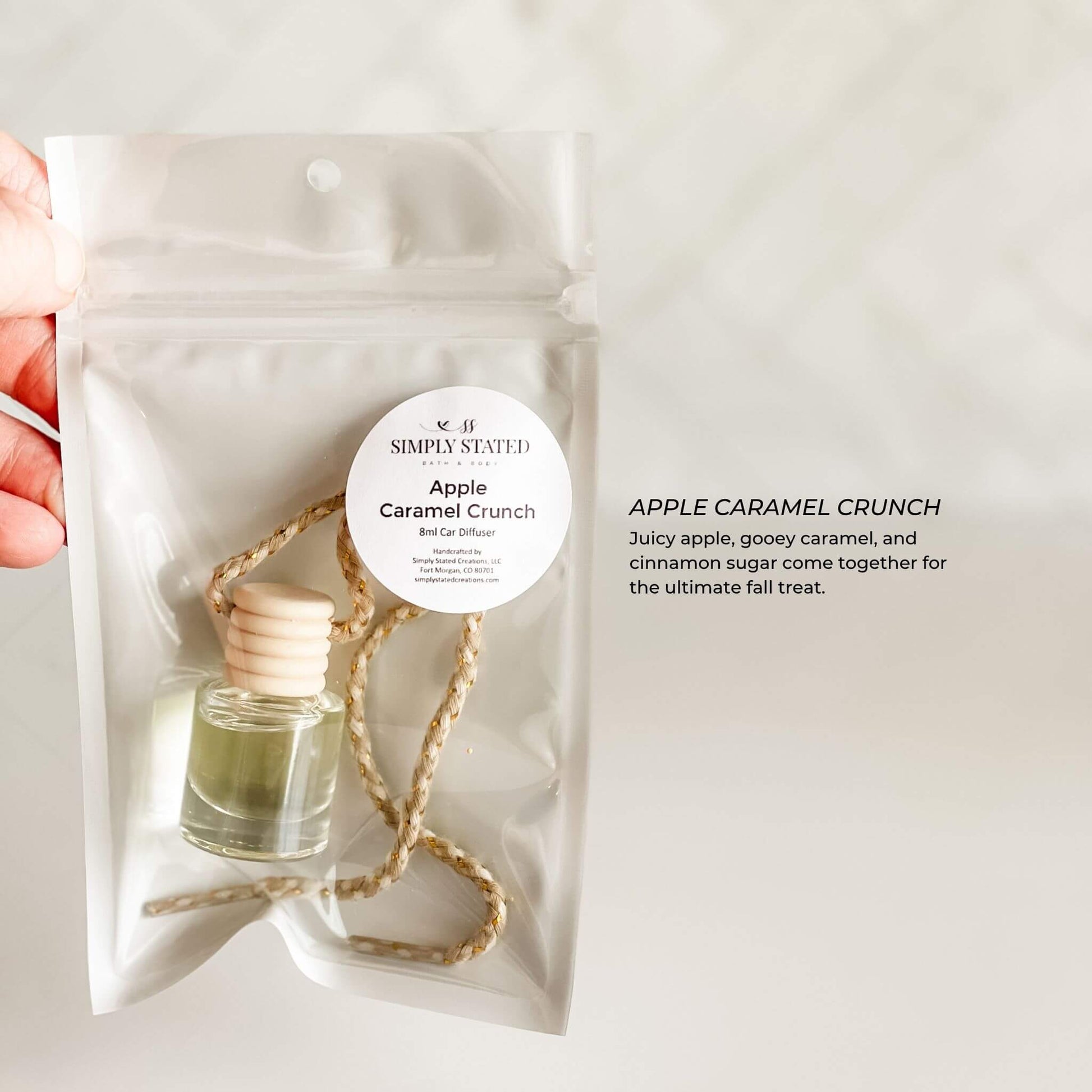 Car diffuser with 'Apple Caramel Crunch' description on a white background