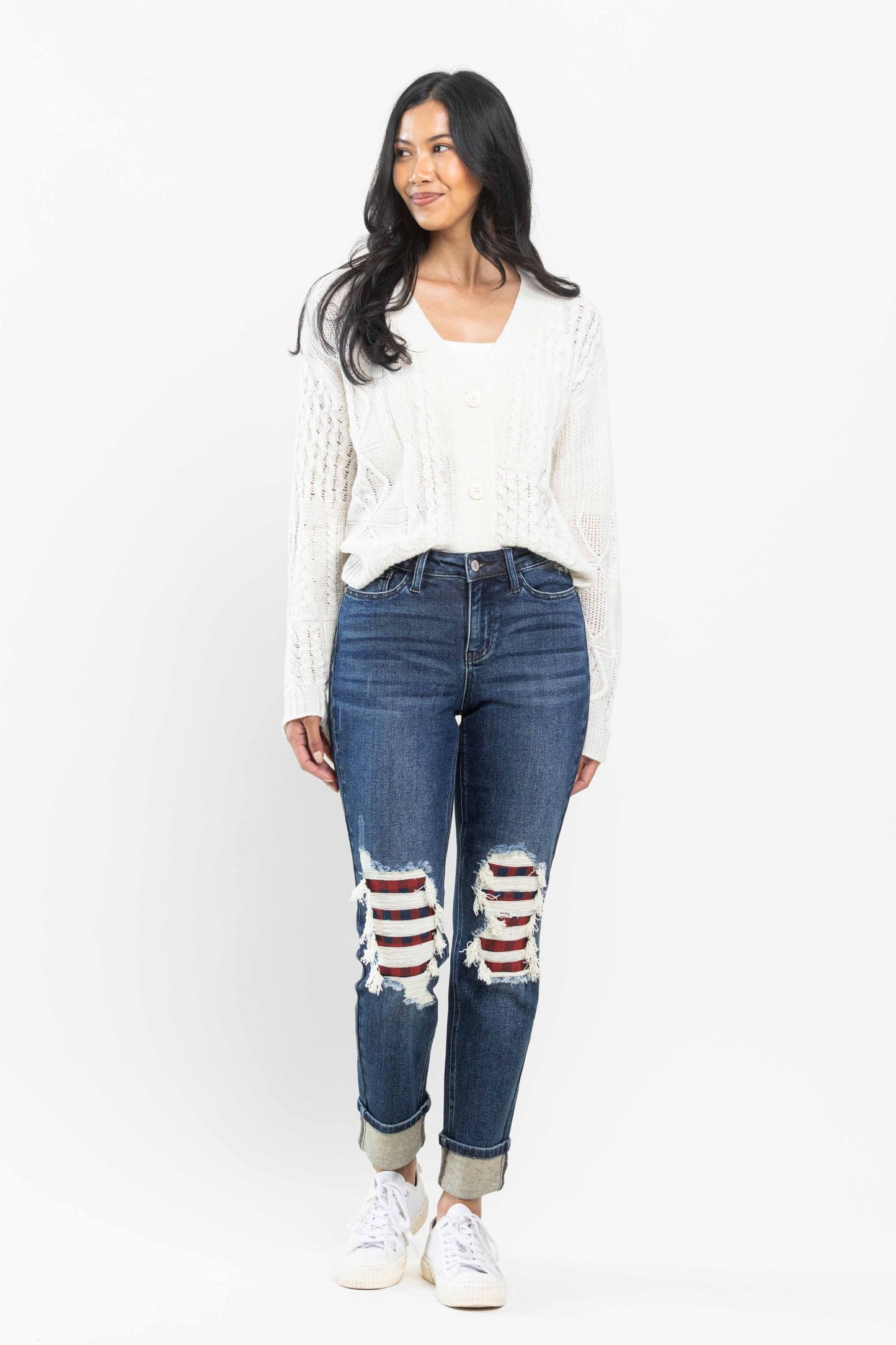 Arriving 10/3 - PreOrder - Judy Blue MidRise Buffalo Plaid Patch Destroyed Boyfriend Jeans
