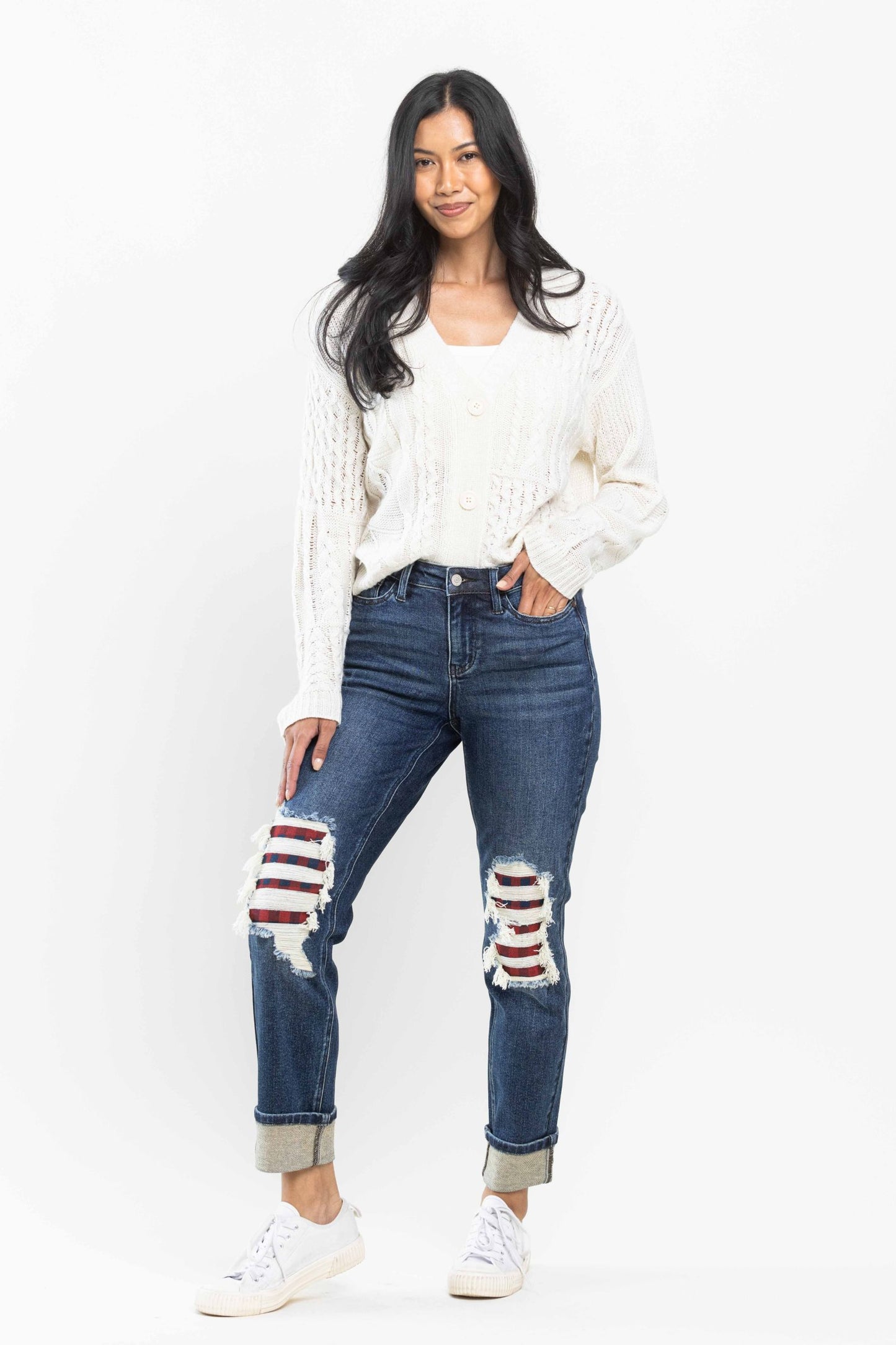 Arriving 10/3 - PreOrder - Judy Blue MidRise Buffalo Plaid Patch Destroyed Boyfriend Jeans