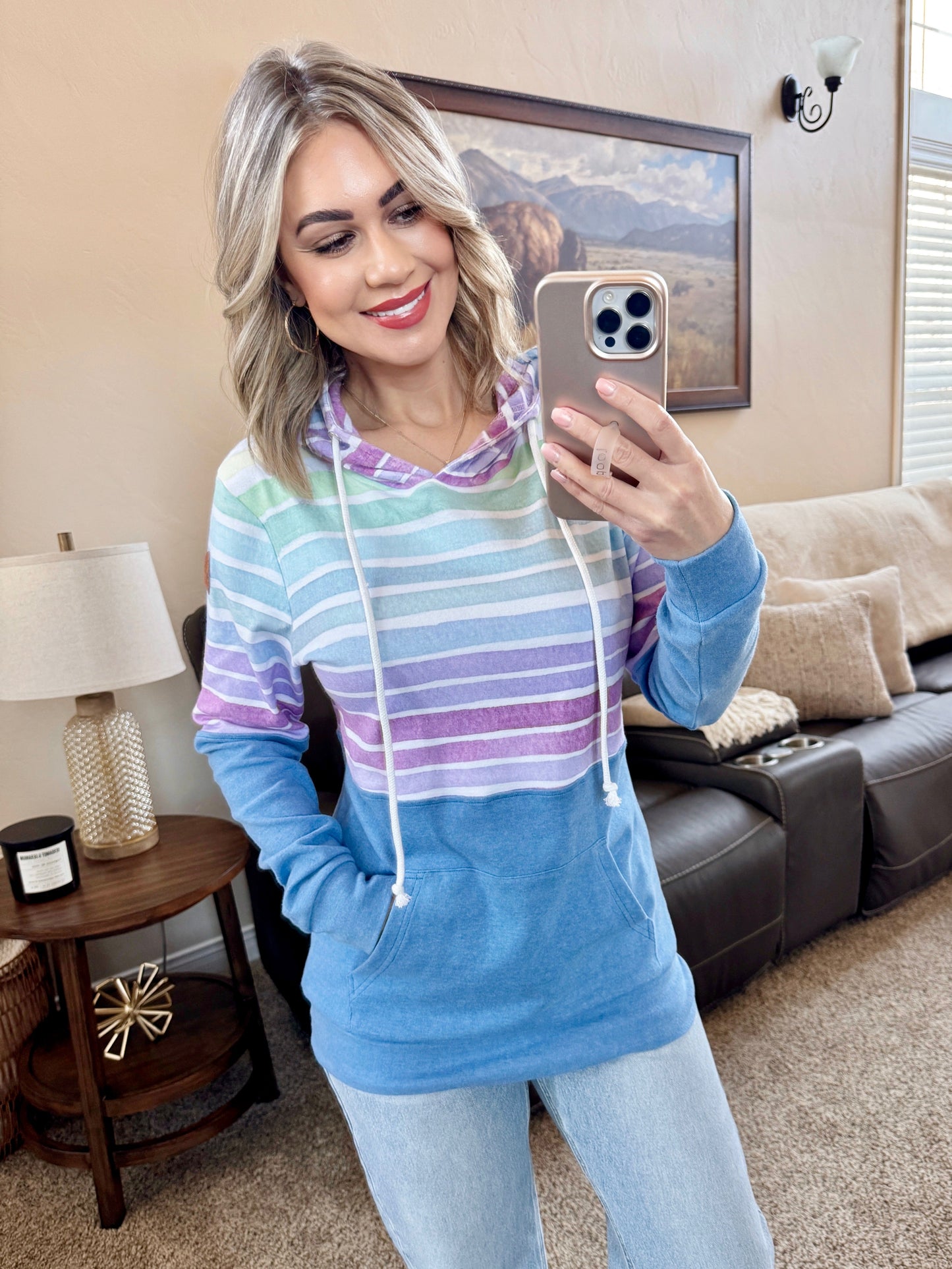 IN STOCK Hailey Pullover Hoodie - Rainbow Stripes and Blue