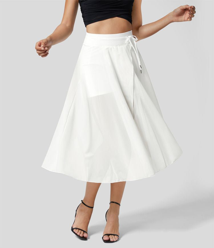 Halara High Waisted Drawstring Contrast Mesh 2-in-1 Side Pocket Flowy Midi Flare Casual Skirt