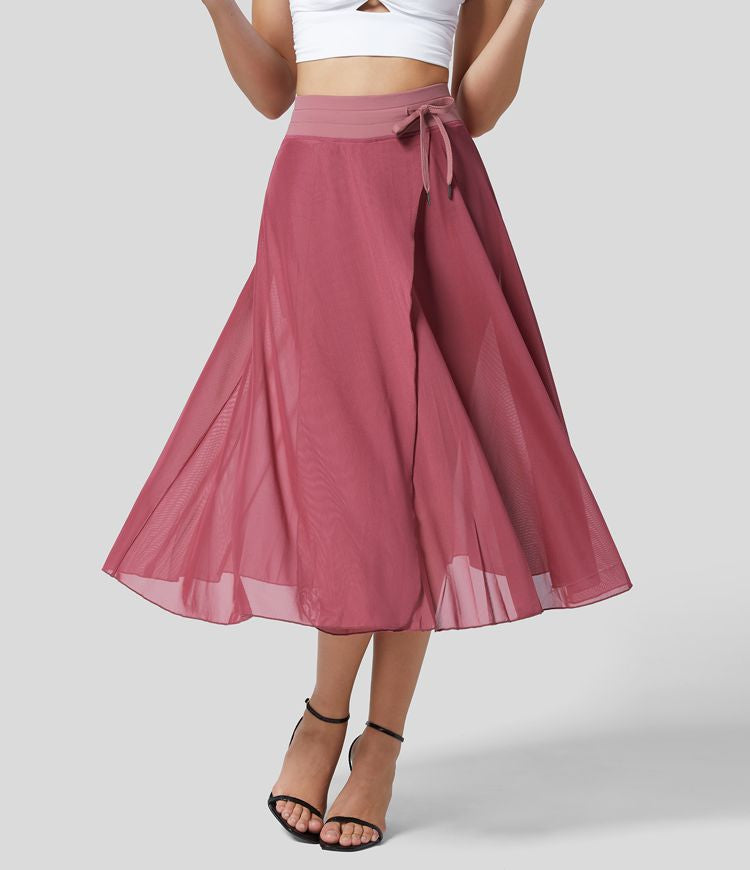 Halara High Waisted Drawstring Contrast Mesh 2-in-1 Side Pocket Flowy Midi Flare Casual Skirt