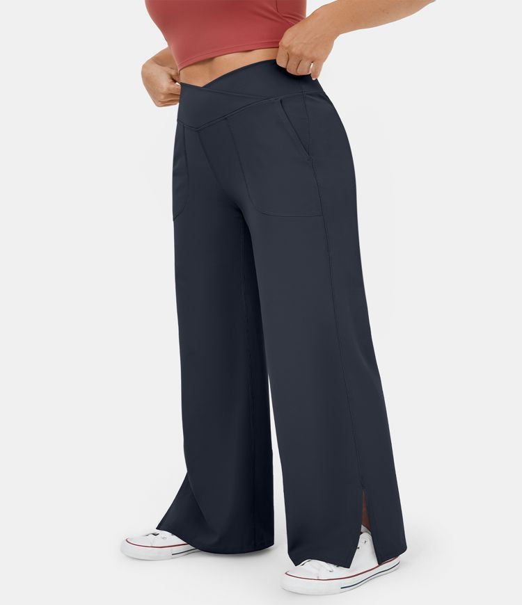 Halara Crossover Pocket Split Hem Wide Leg Yoga Pants-Smile - Plus Sizes