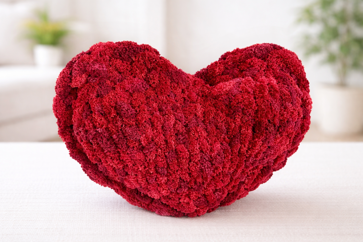 Hand Knit Chunky Chenille Heart Pillow – 14” with Braided Edge