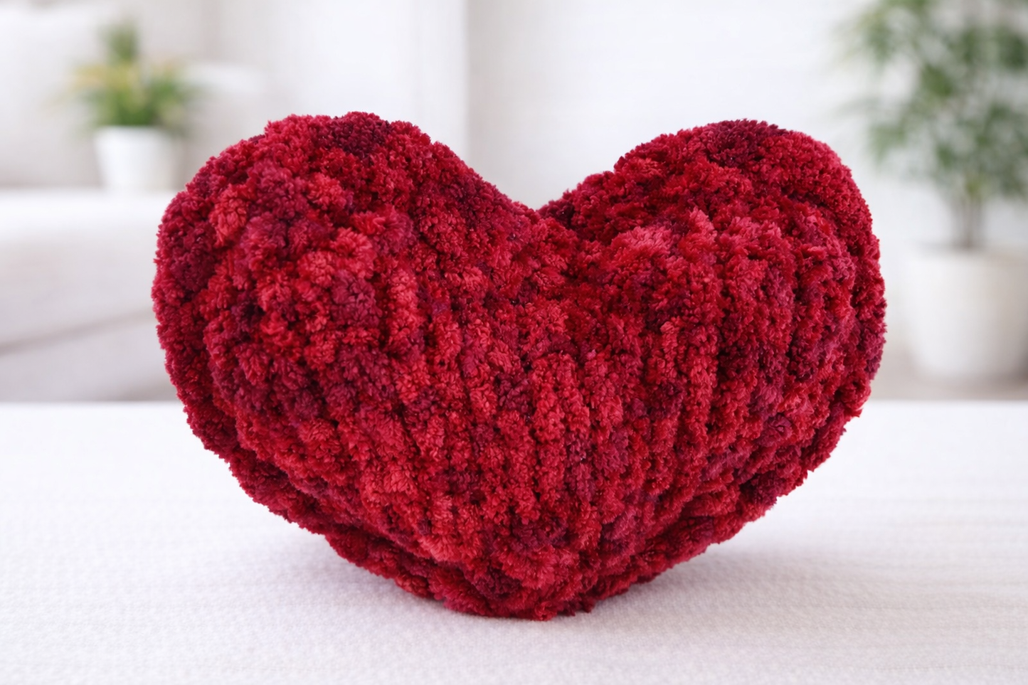Hand Knit Chunky Chenille Heart Pillow – 14” with Braided Edge