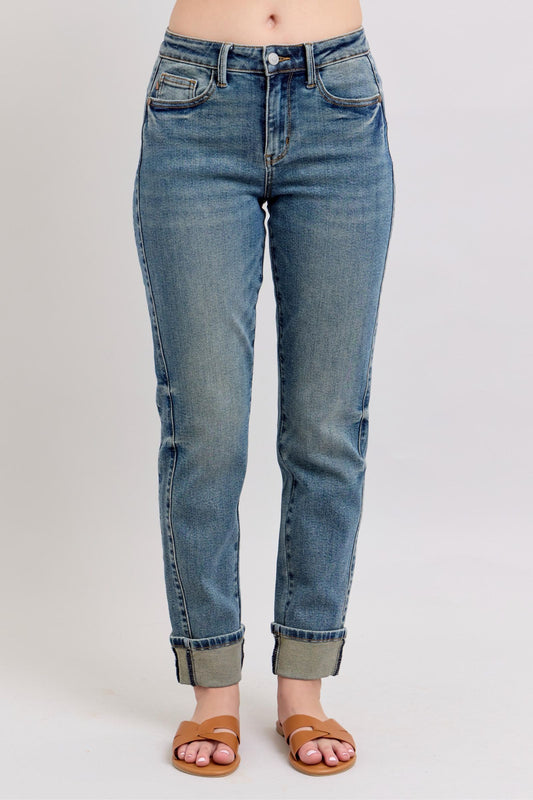 Preorder - Judy Blue Mid Rise Vintage Wash Side Seam Panel & Double
Roll Cuff Boyfriend