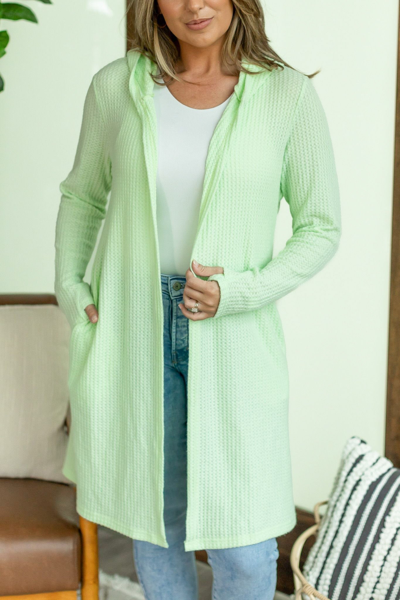 IN STOCK Claire Hooded Waffle Cardigan - Lime