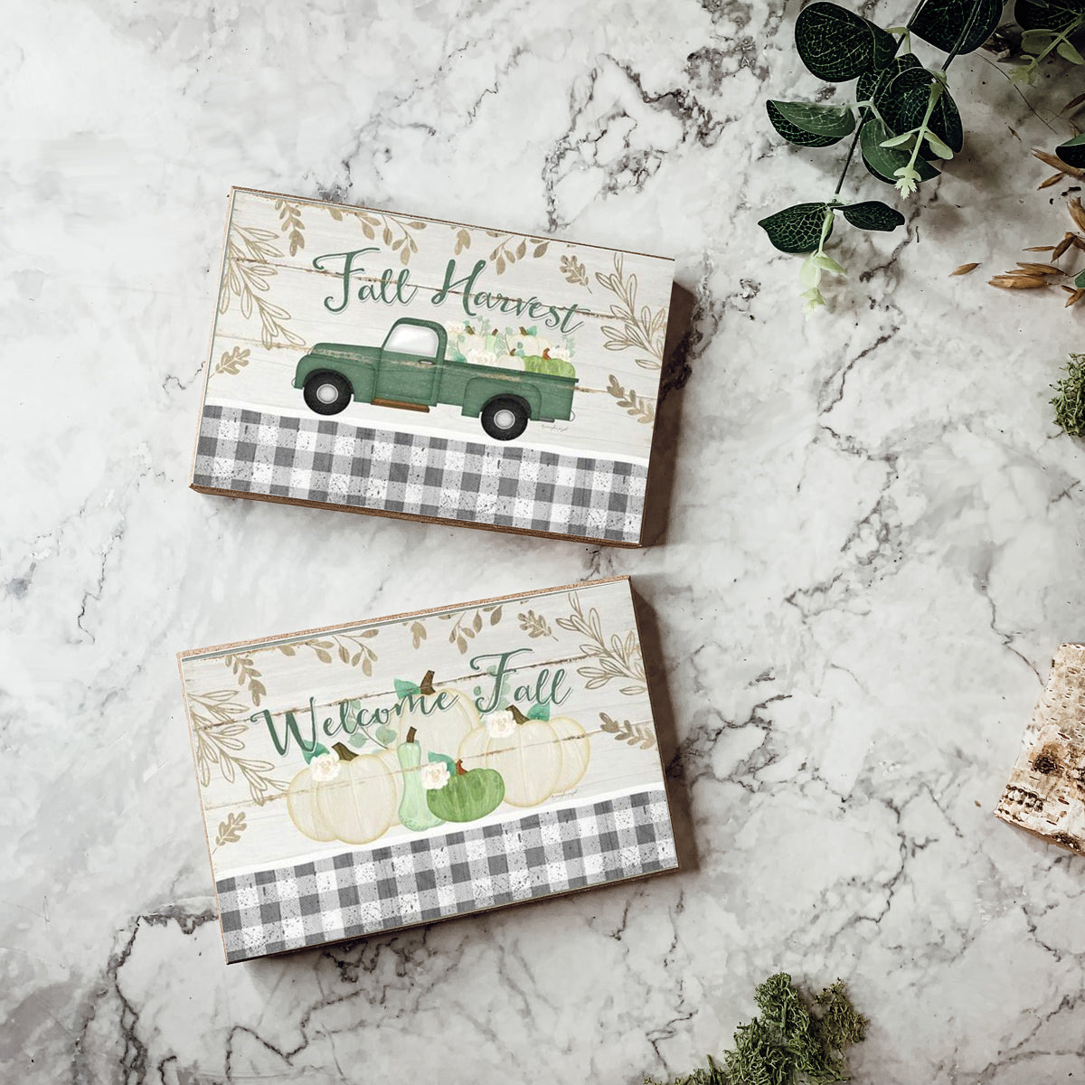 Fall Wooden Block Signs with Green and Teal Tones