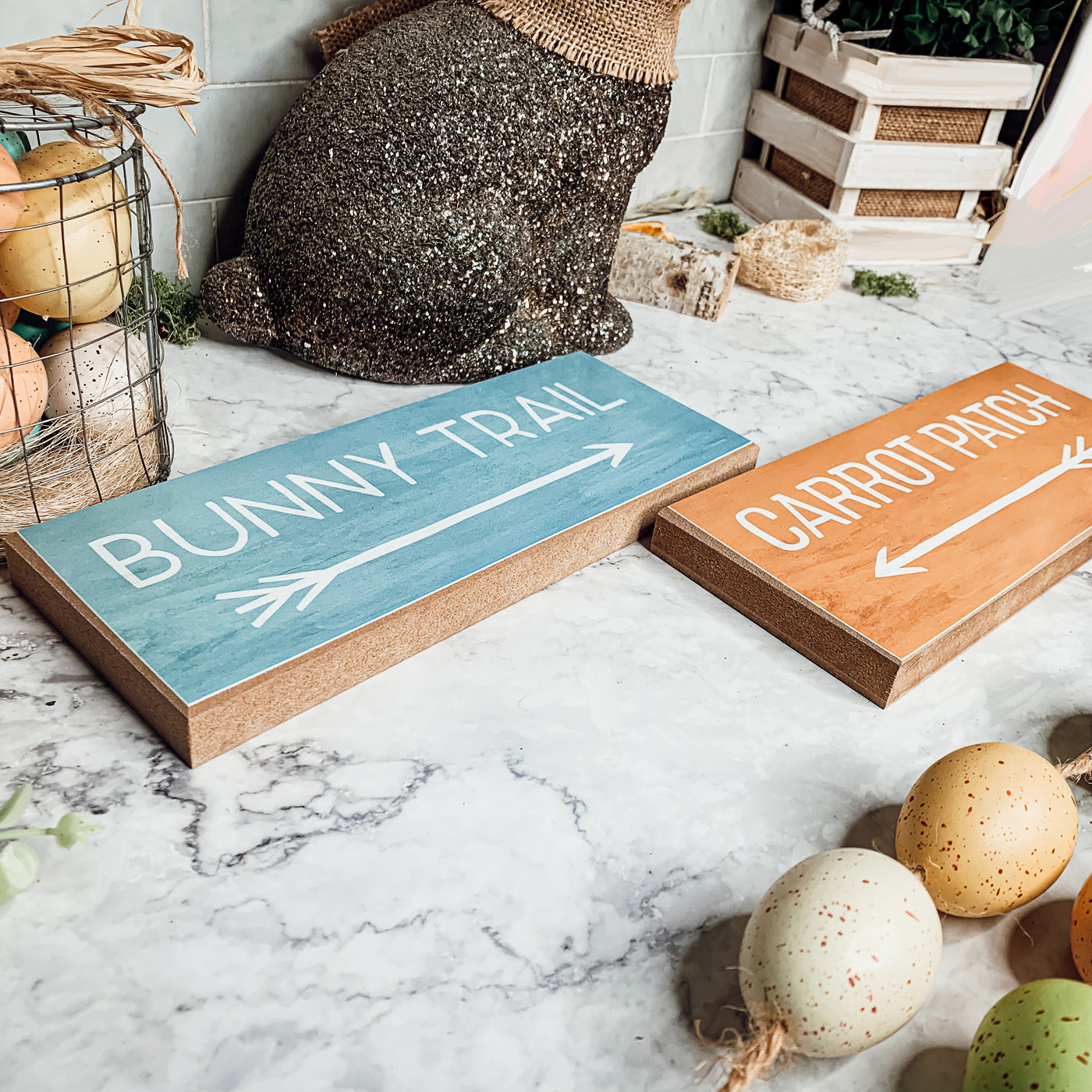 Easter Tiered Tray Styling Signs, Pastel Blue and Orange, Wooden
