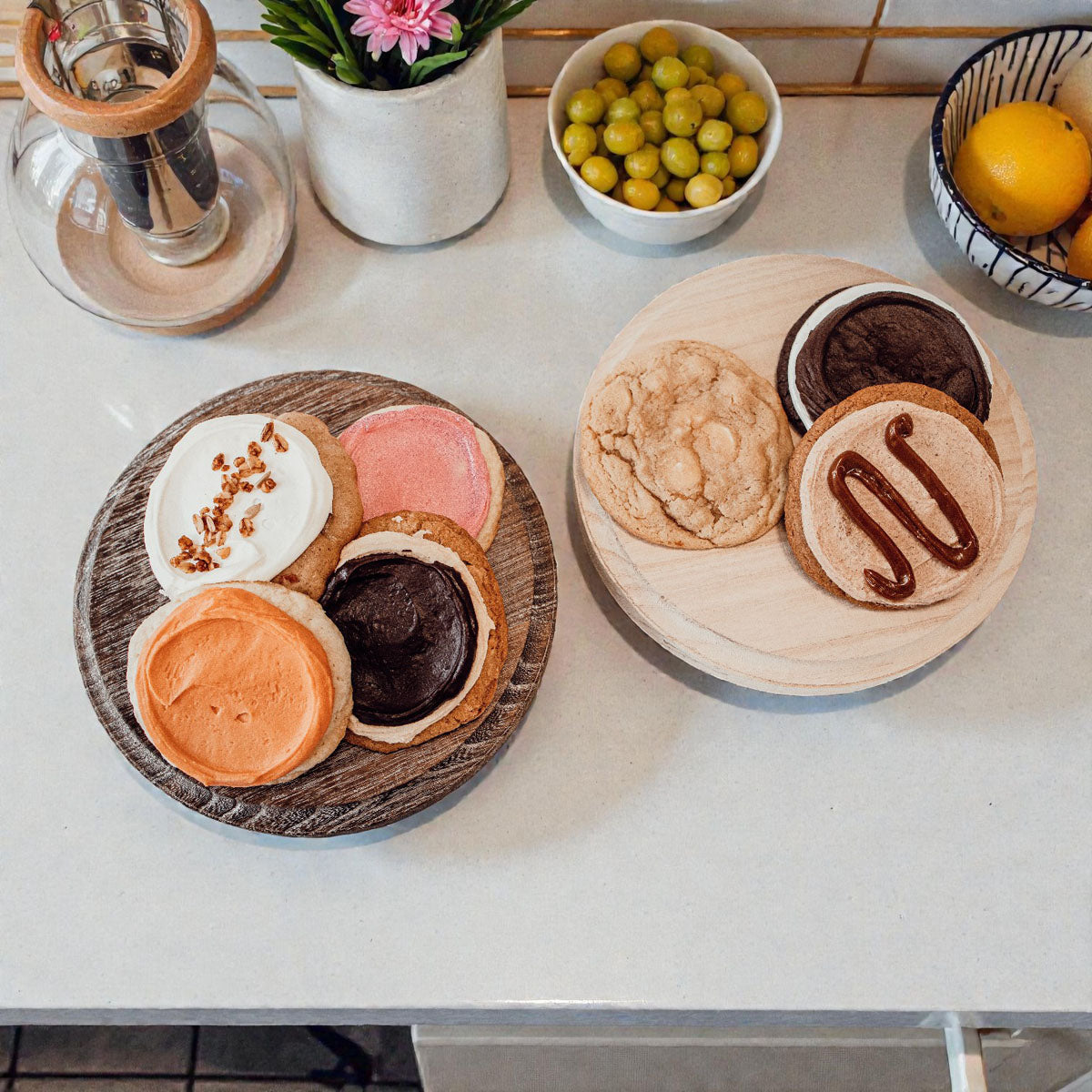 farmhouse decor round wooden riser on countertop
natural wood round stand for diffuser and oils
rustic distressed round tray for coffee table decor
large round wooden riser for centerpiece display
minimal natural wood pedestal tray home styling