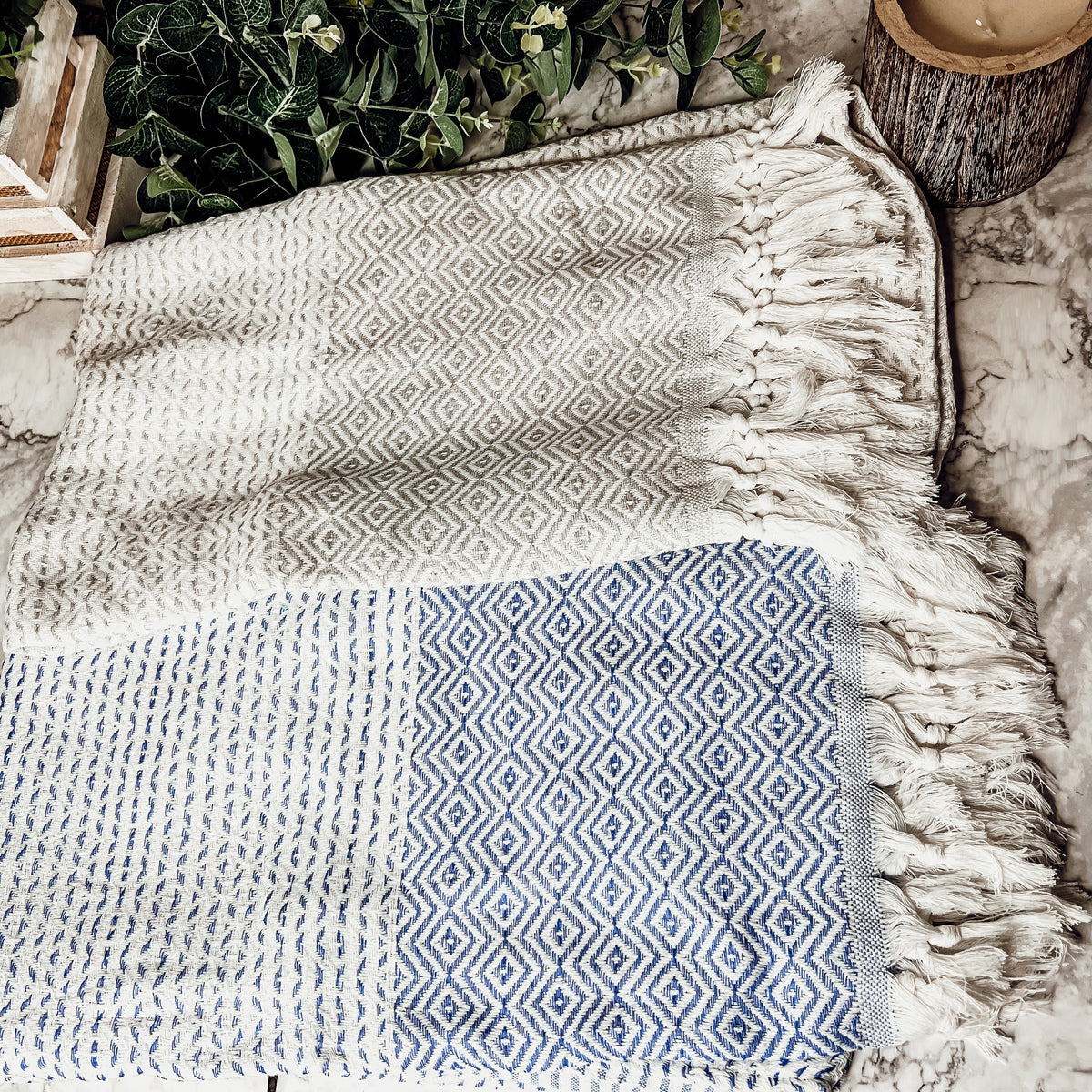 Peshtemal Beach Towels with Tassels - Blue and White