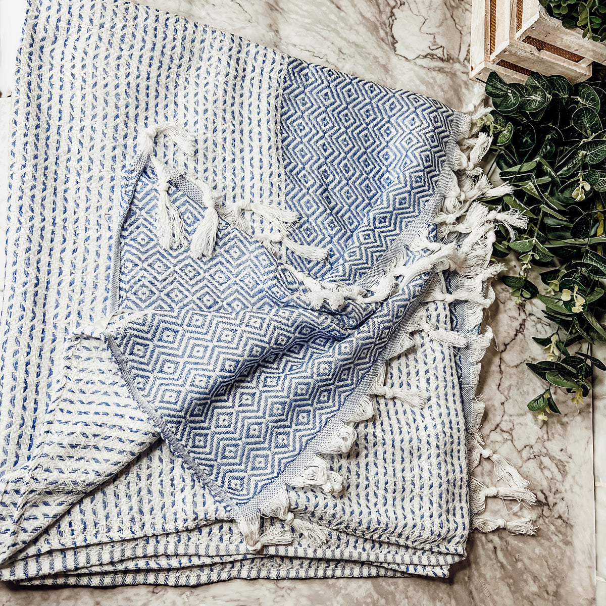 Oversized Blue Towels with Tassels and Cotton