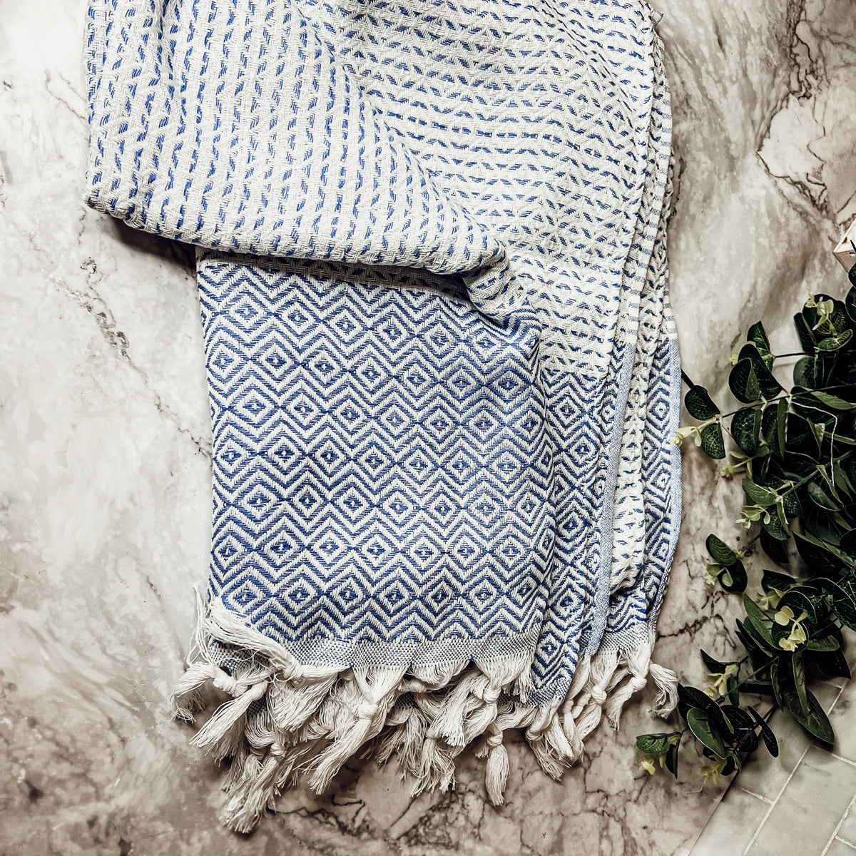 Stylish Blue Cotton Towel with Tassels