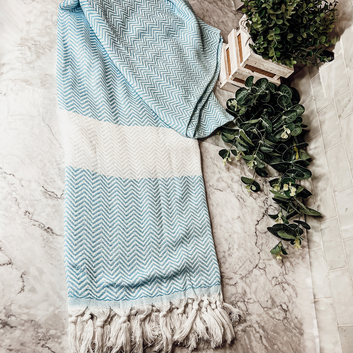Blue Chevron Towel with Tassels, Fun Modern Oversized Towels made from Cotton