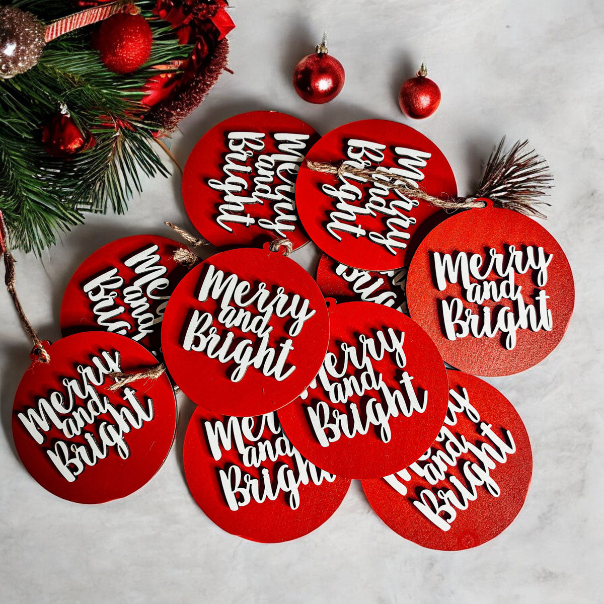 merry and bright christmas
merry and brite ornaments
Merry + Bright Ornament Set
Merry + Bright Ornament door hang