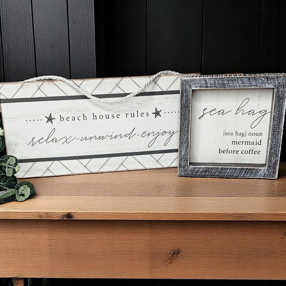 White wooden beach rules sign with modern design elements