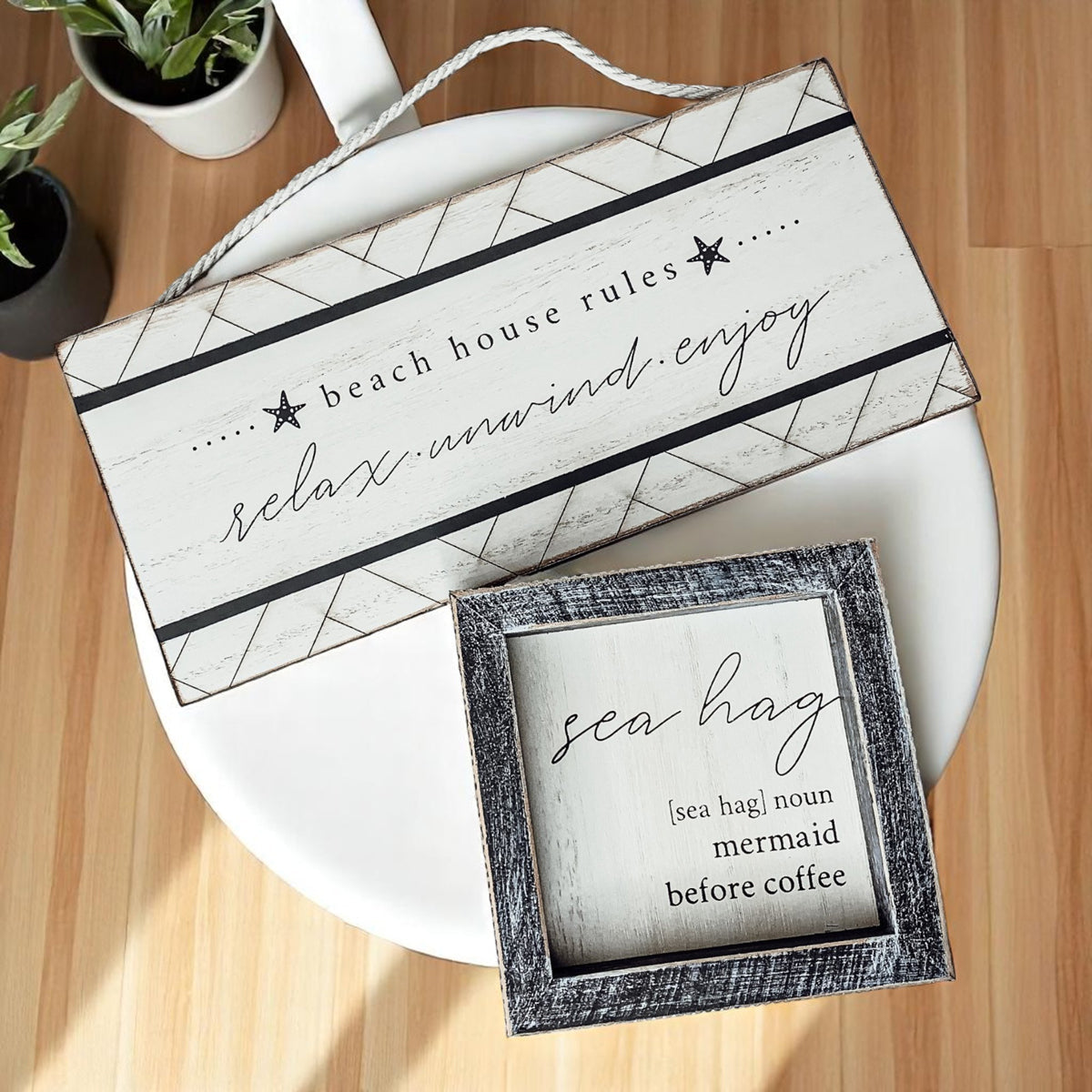 Coastal wall art with relax unwind enjoy typography