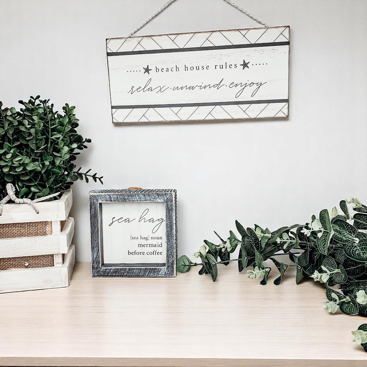 Hanging rope beach decor with farmhouse geometric border