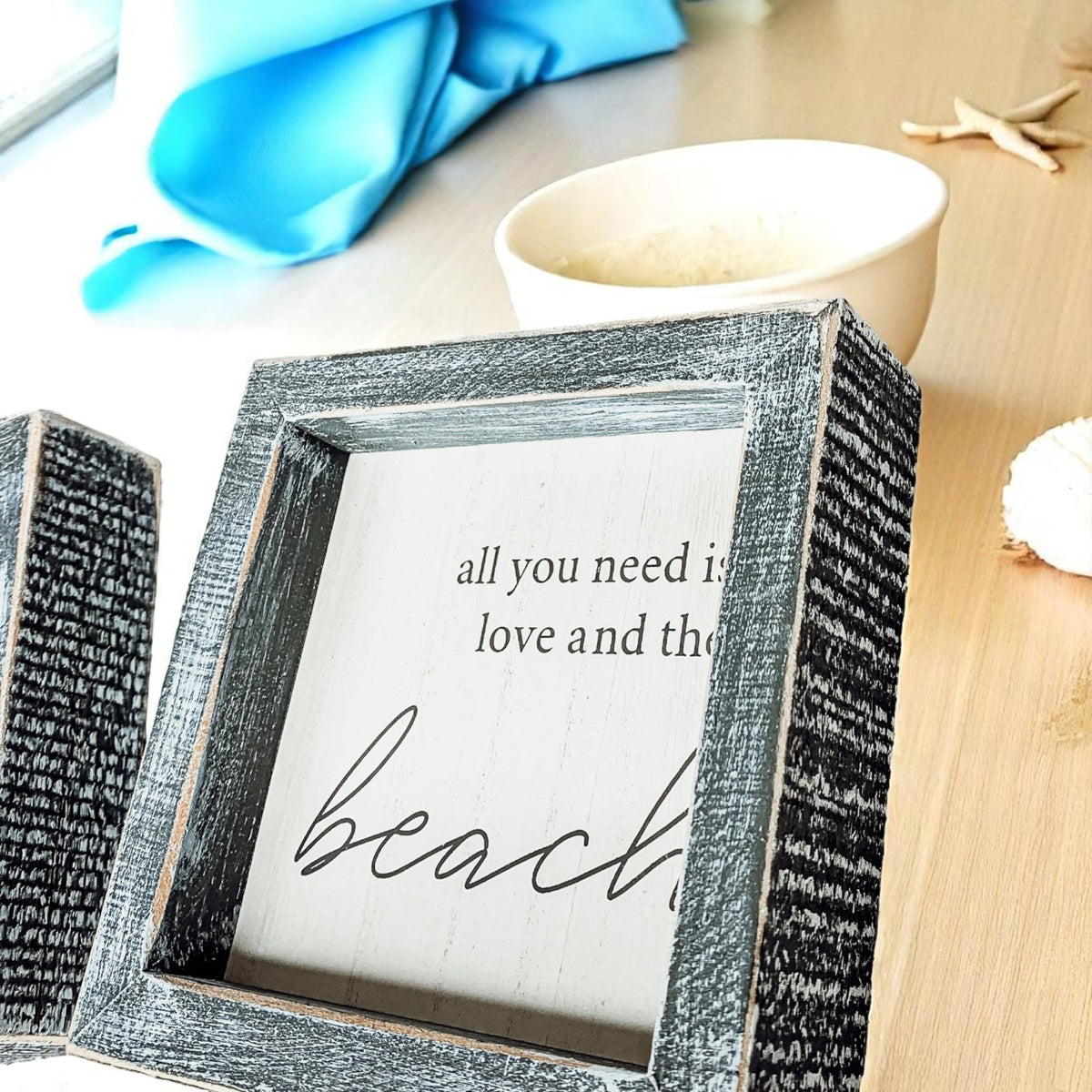 Gray framed beach quote sign for coastal decor
Nautical kitchen art with funny seagull reference