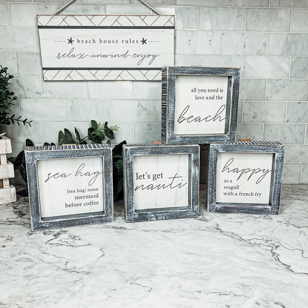 Coastal decor wooden sign with nautical pun and gray distressed frame