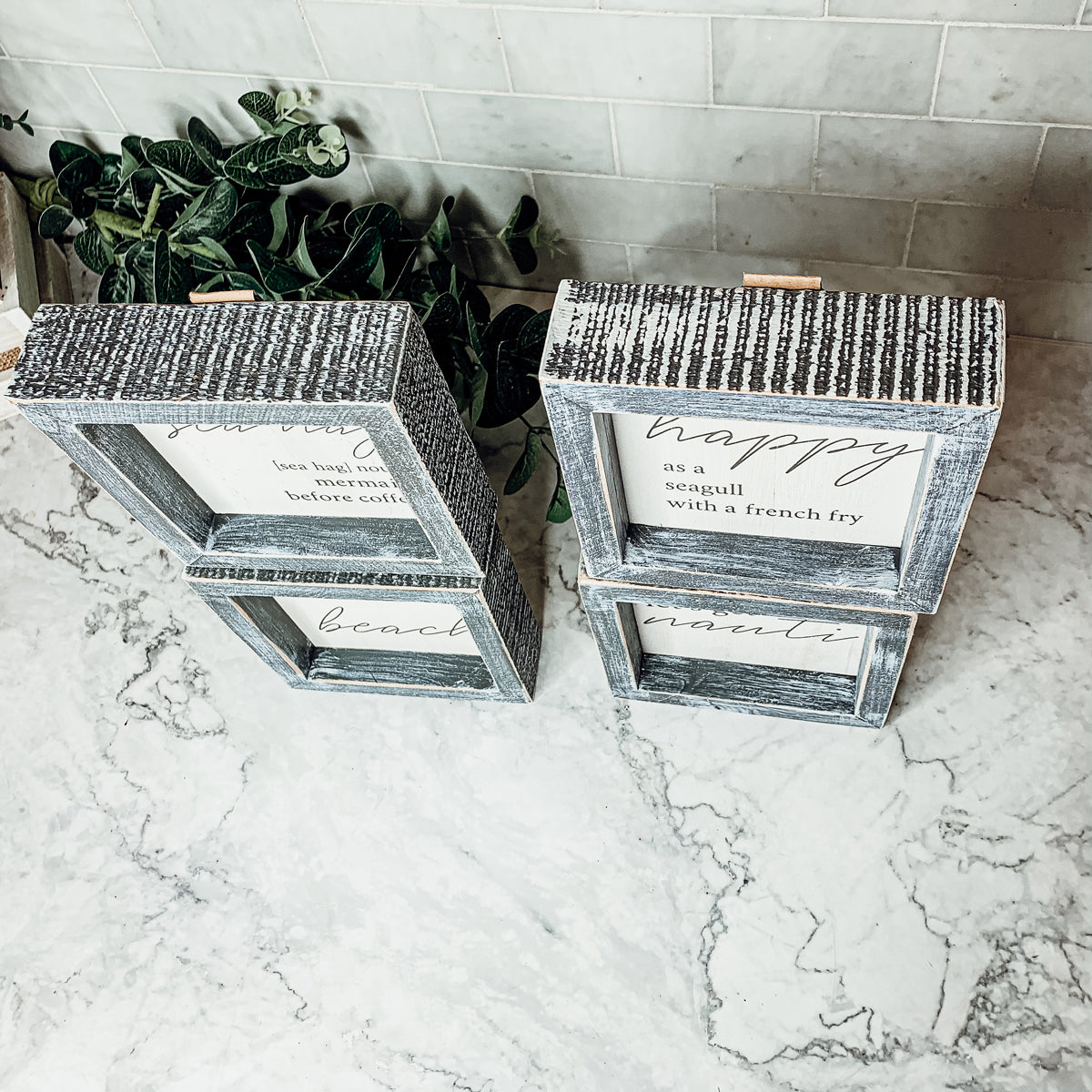 Beach themed wooden sign with food humor
Coastal farmhouse decor with seagull typography