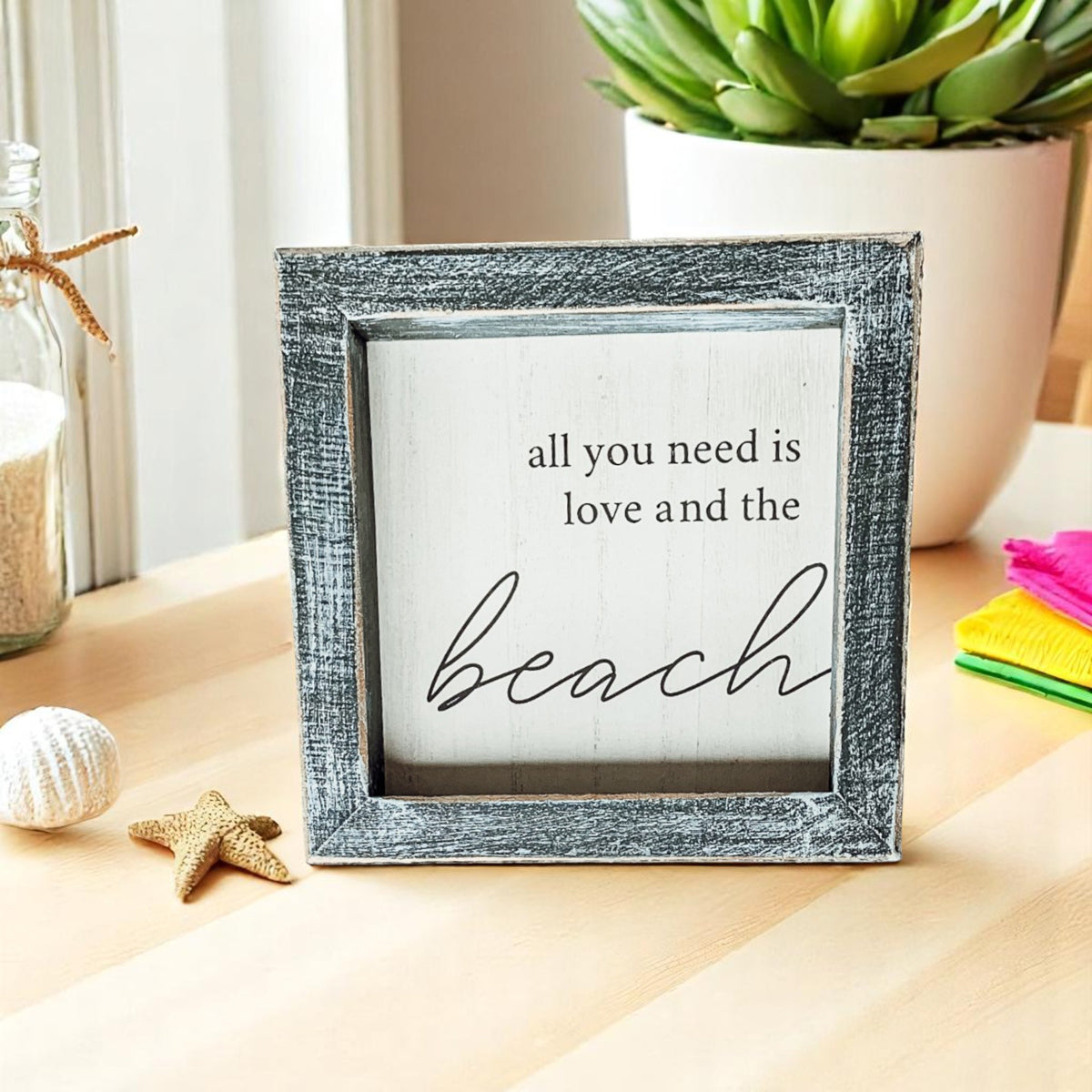 Beach themed wall art with rustic gray frame