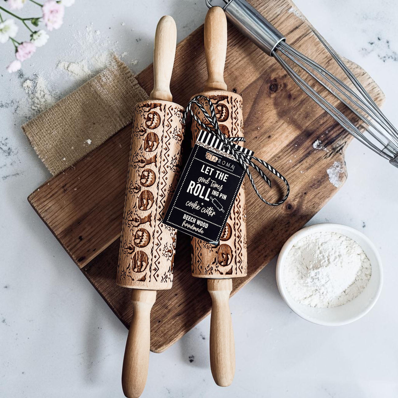 wooden rolling pin that imprints cookie dough
unique Halloween baking gifts for bakers
fall kitchen tools for baking cookies and pies
cookie embossing rolling pin pumpkin pattern
how to get designs on cookies with rolling pin