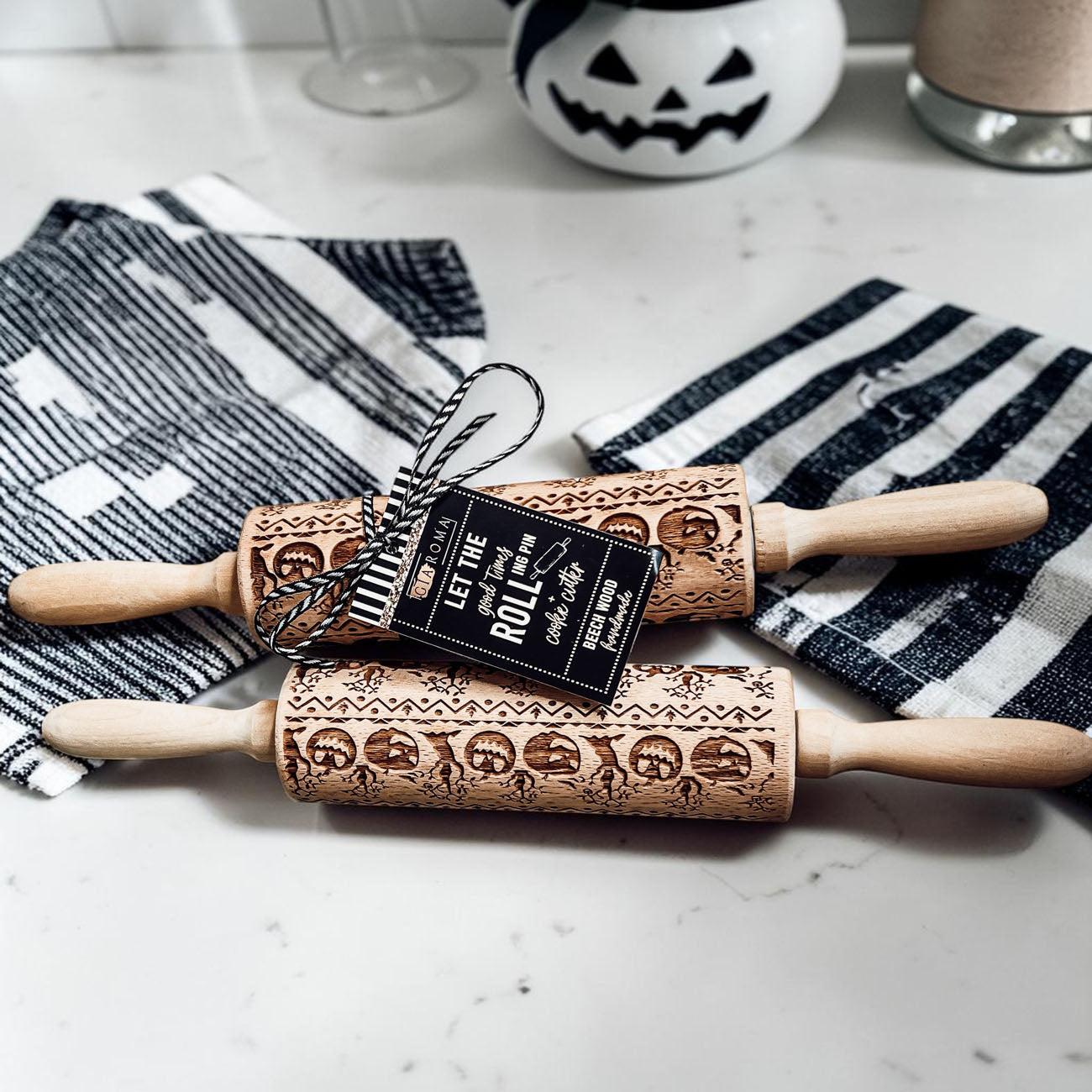 Halloween embossed rolling pin lifestyle image
pumpkin engraved rolling pin baking tool
Halloween cookie dough pattern roller
wooden rolling pin with spooky Halloween design
fall baking essentials rolling pin pumpkins
pumpkin design rolling pin with cookie cutter
Halloween cookie stamp roller wooden