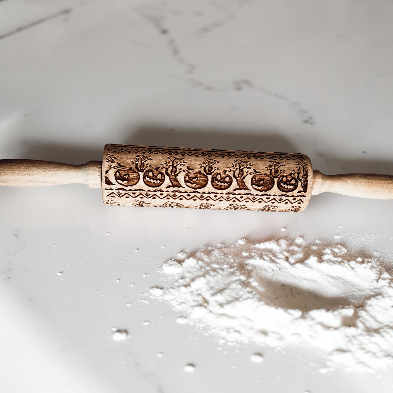 reusable wooden rolling pin for holiday baking
works on sugar cookies, gingerbread, fondant, and pie dough
unique baking gift for Halloween lovers and home bakers
adds texture and detail to baked goods effortlessly
Halloween cookie baking rolling pin pumpkins
pumpkin cookie dough embossing roller wood
fall baking tool wooden rolling pin design