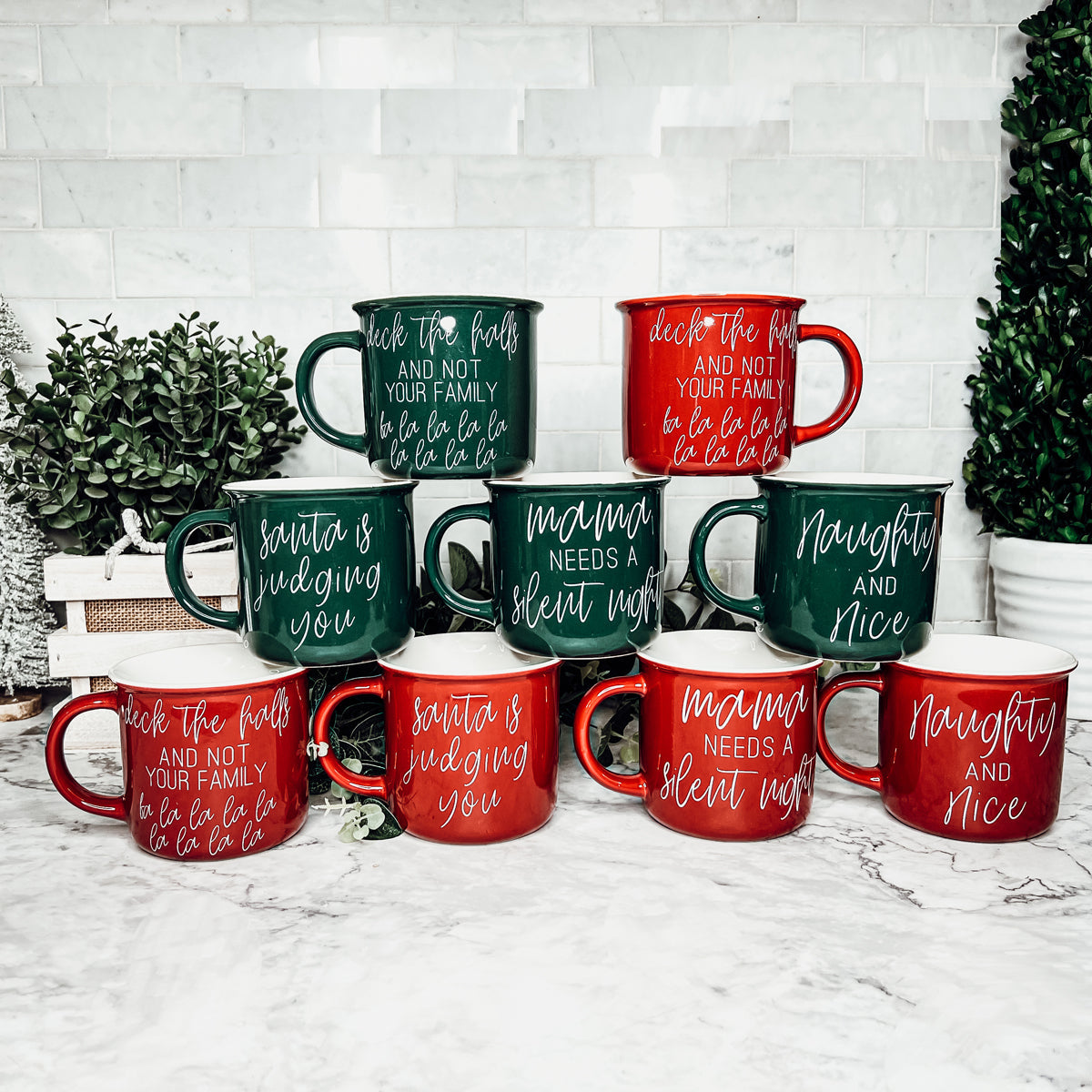 Christmas Coffee Bar Decorating Ideas with Red and Green Ceramic Mugs