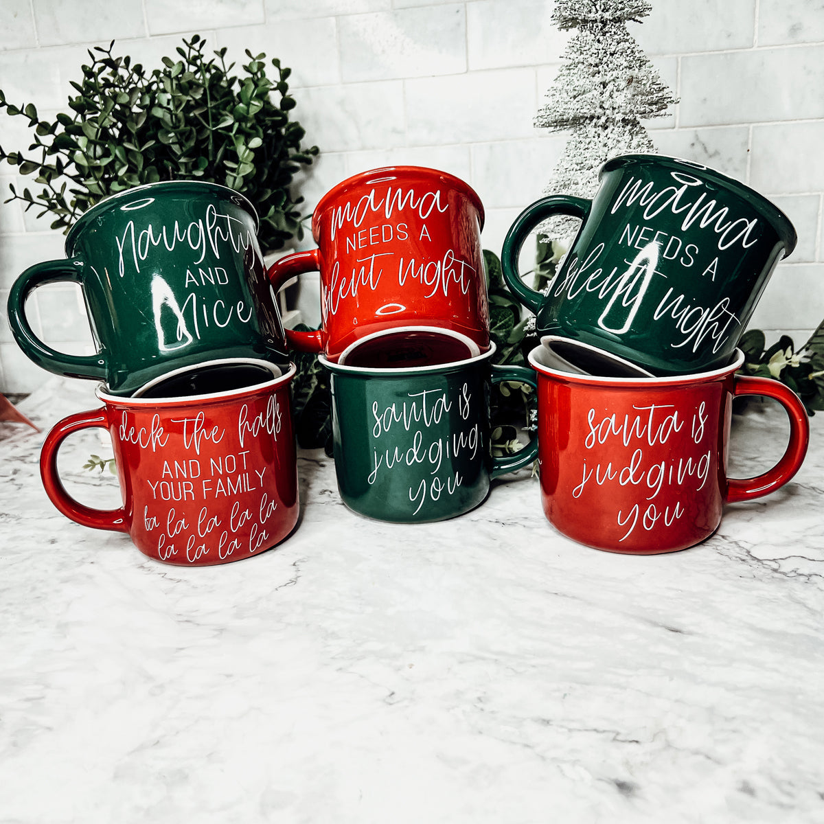Emerald Green Coffee Mugs, Red Coffee mugs for Christmas Decorating