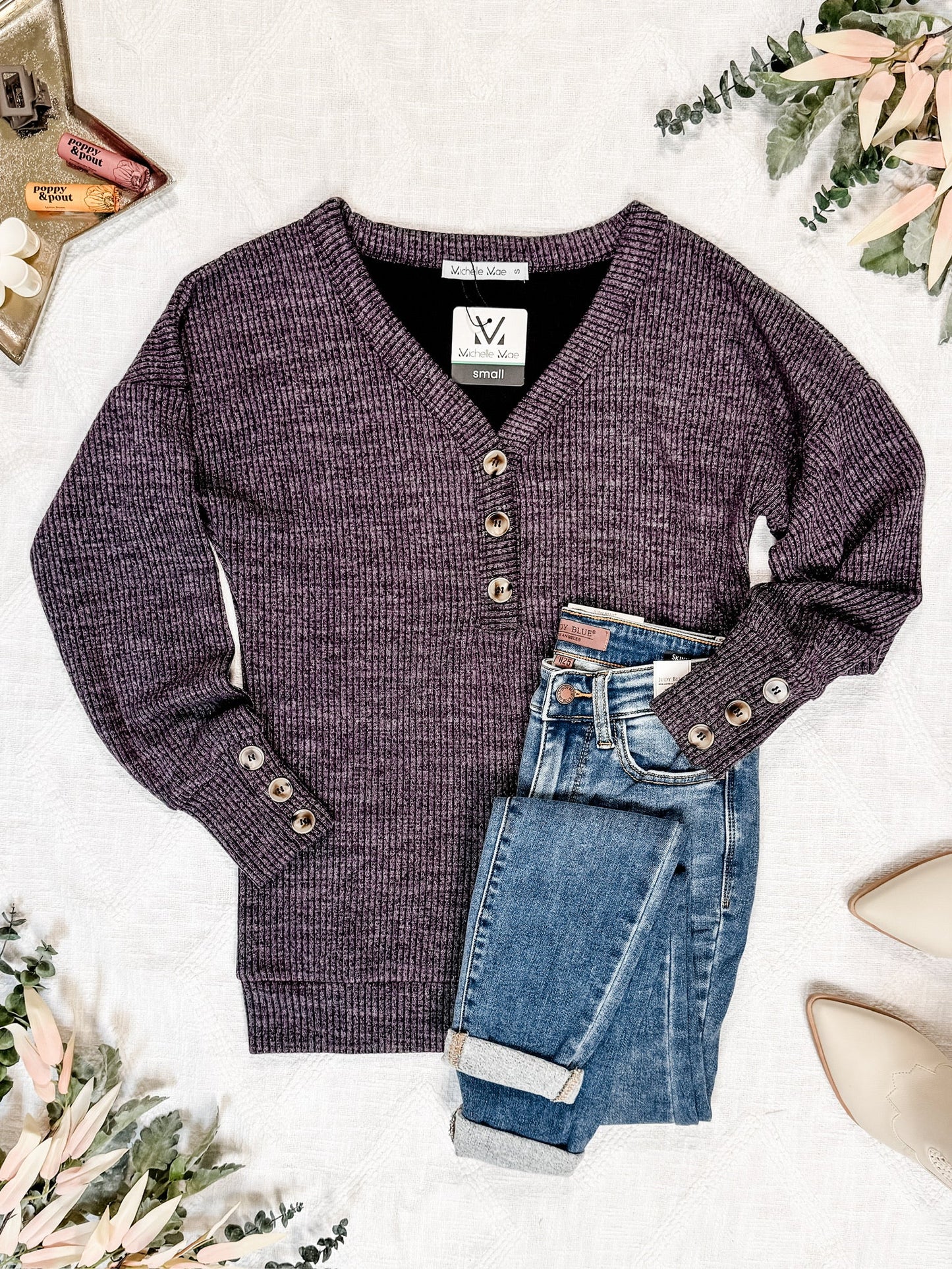 IN STOCK Brittney Button Sweater - Purple