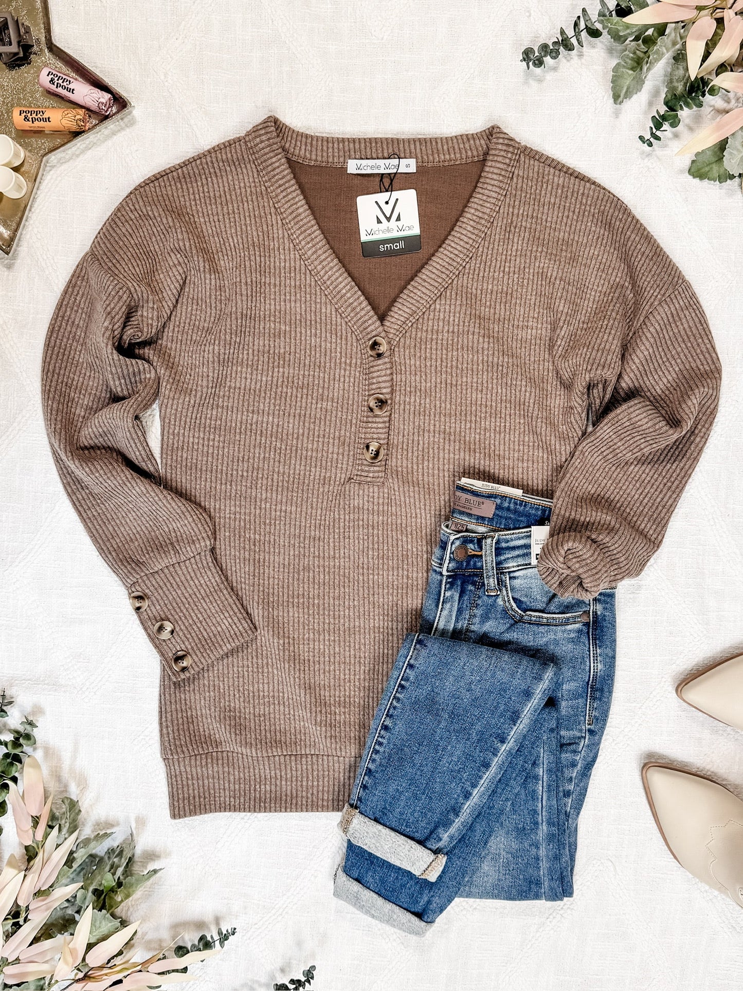 IN STOCK Brittney Button Sweater - Mocha