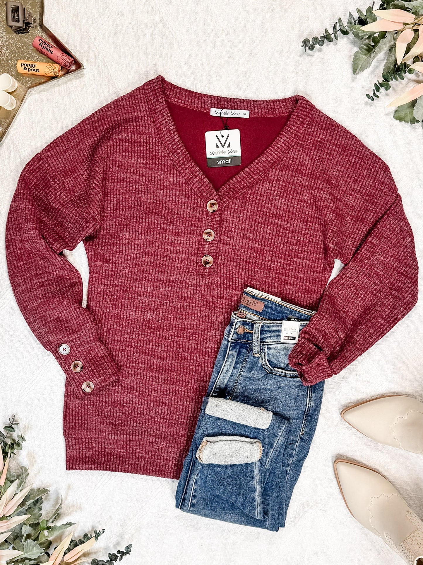 IN STOCK Brittney Button Sweater - Berry