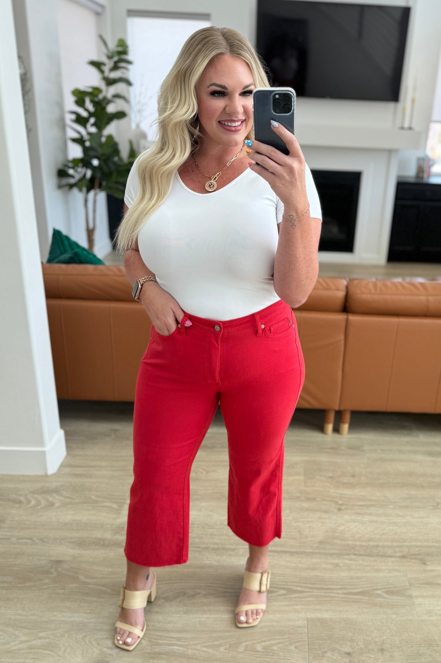 Lisa High Rise Control Top Wide Leg Crop Jeans in Red