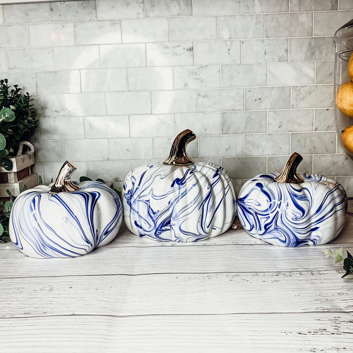 Blue and Gold Halloween Decorations, Handmade Ceramic Pumpkin Decor for Home Blue