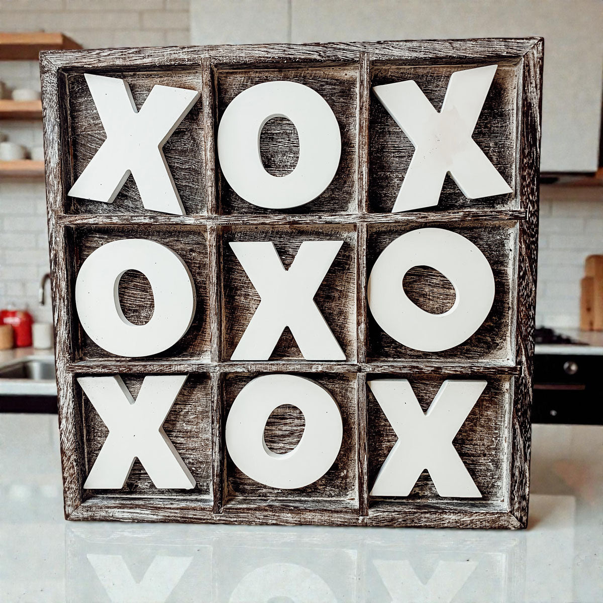 Handcrafted wooden XO game farmhouse coffee table decor
Complete wooden tic tac toe game board with X and O pieces
Rustic farmhouse tic tac toe board game full set display
Distressed wood tic tac toe tabletop game complete set