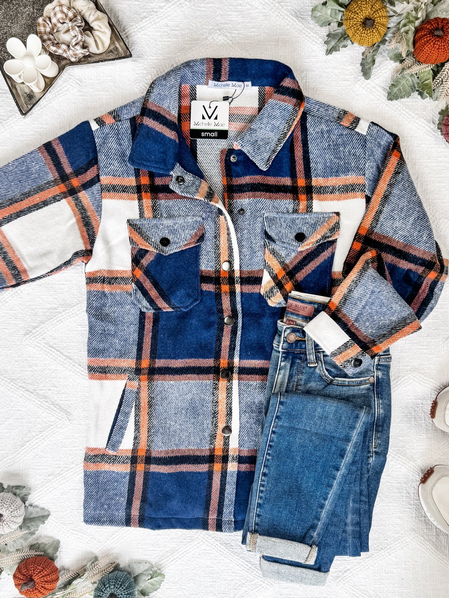 IN STOCK Norah Plaid Shacket - Navy and Orange