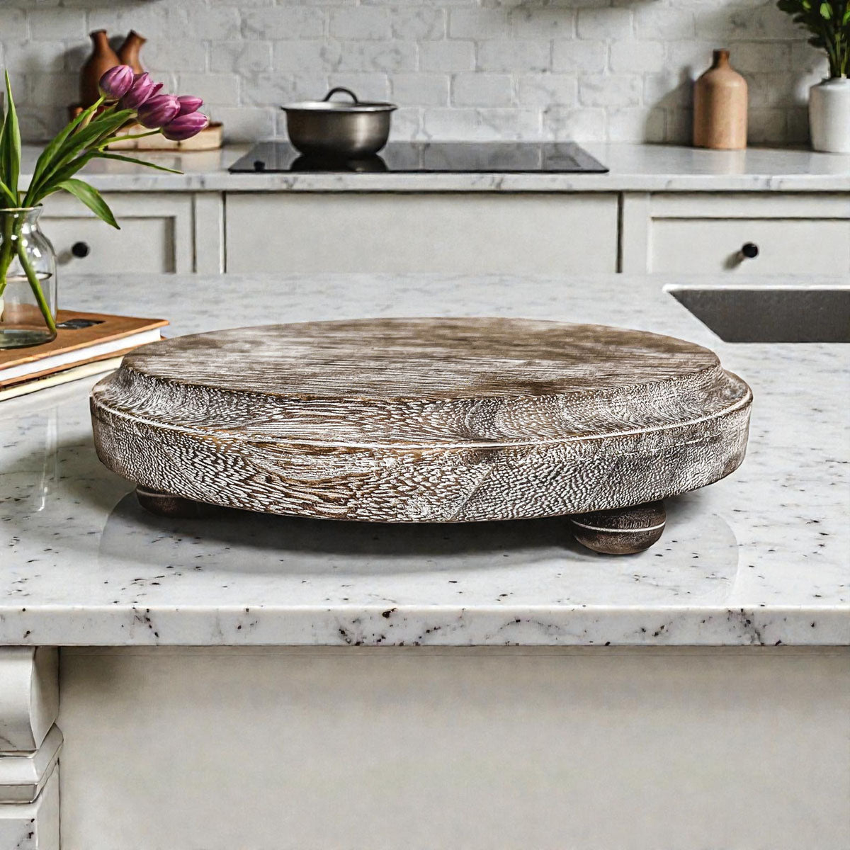 Round Paulownia wood tray with legs two color options
Handcrafted wooden display stand tray 8.5 inch diameter
Elevated wooden catchall tray with pegs rustic farmhouse style
Round wooden tray on feet for jewelry candles and decor