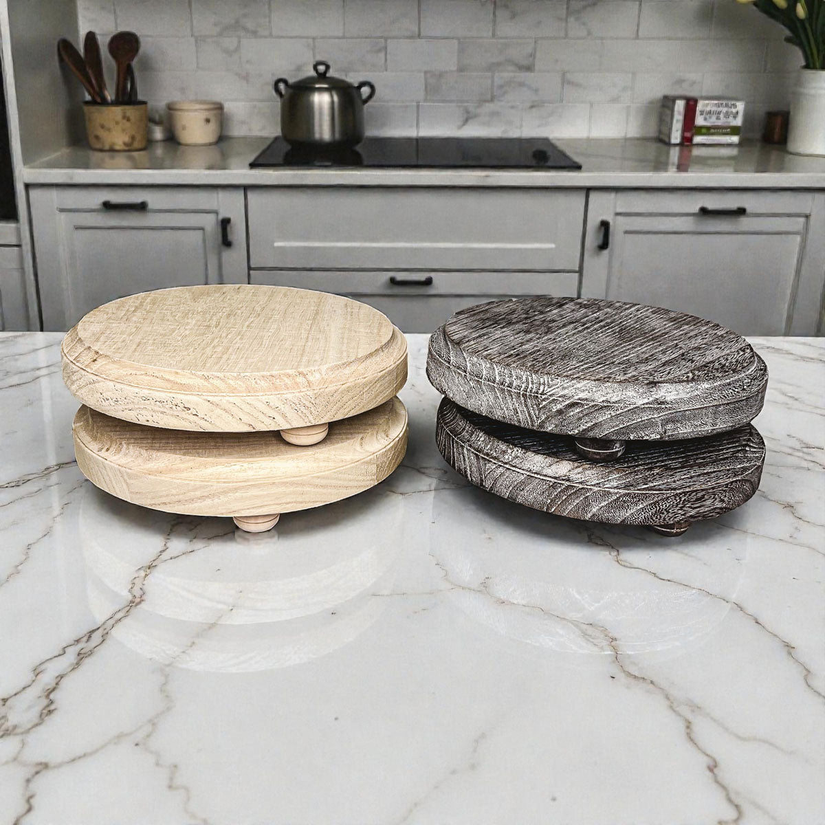 Round wooden pedestal trays rustic and natural wood finish comparison
Handmade elevated wood tray with feet farmhouse home decor
Raised wooden organizer trays showing rustic distressed and natural finishes