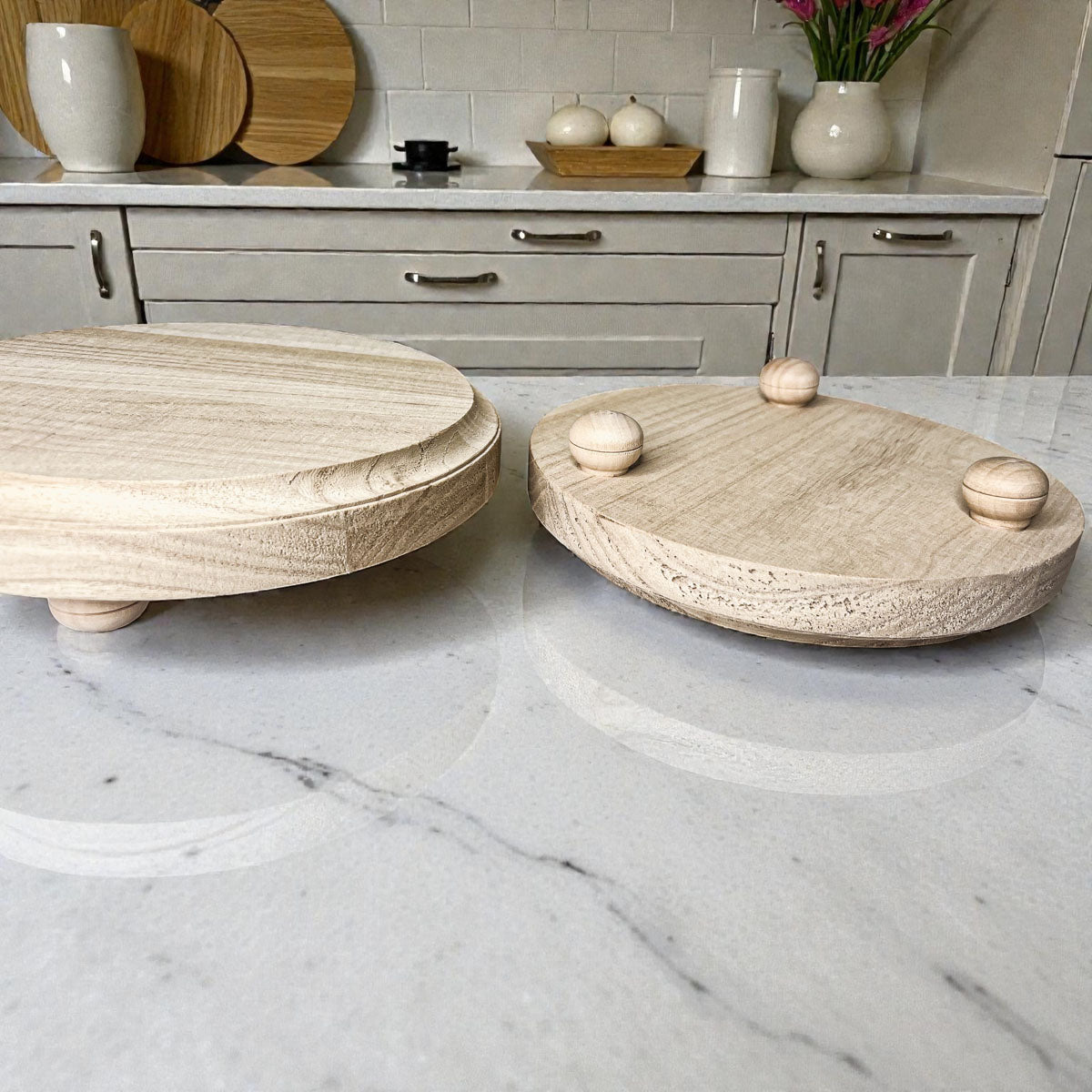Round wooden tray with feet holding soap and lotion
Rustic raised tray bathroom counter styling ideas
Natural wood elevated organizer vanity decor
Handmade wooden pedestal tray with beauty products