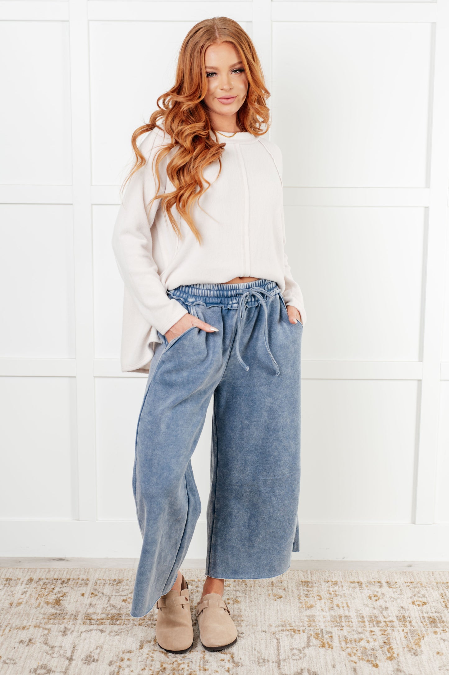 In or Out Wide Leg Cropped Pants in Dusty Blue