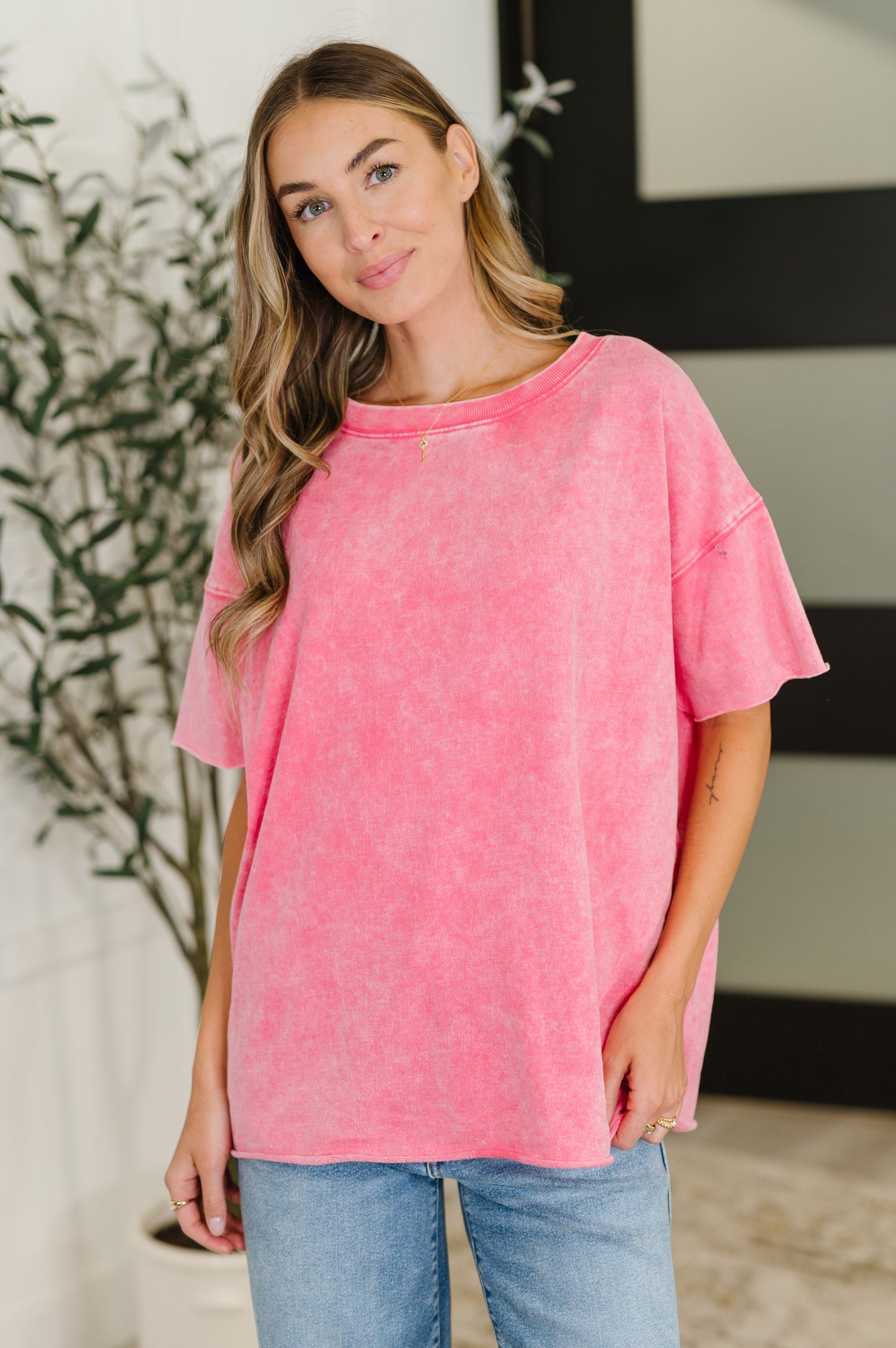 Just My Type Mineral Wash Relaxed Top in Fuchsia